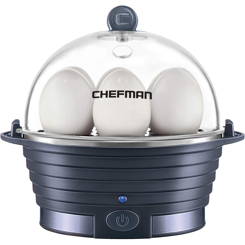 Chefman Electric Egg Cooker Boiler, Rapid Egg-Maker & Poacher, Food & Vegetable Steamer, Quickly Makes 6 Eggs, Hard, Medium or Soft Boiled, Poaching/Omelet Tray Included, Ready Signal, BPA-Free, Grey(Midnight Blue)