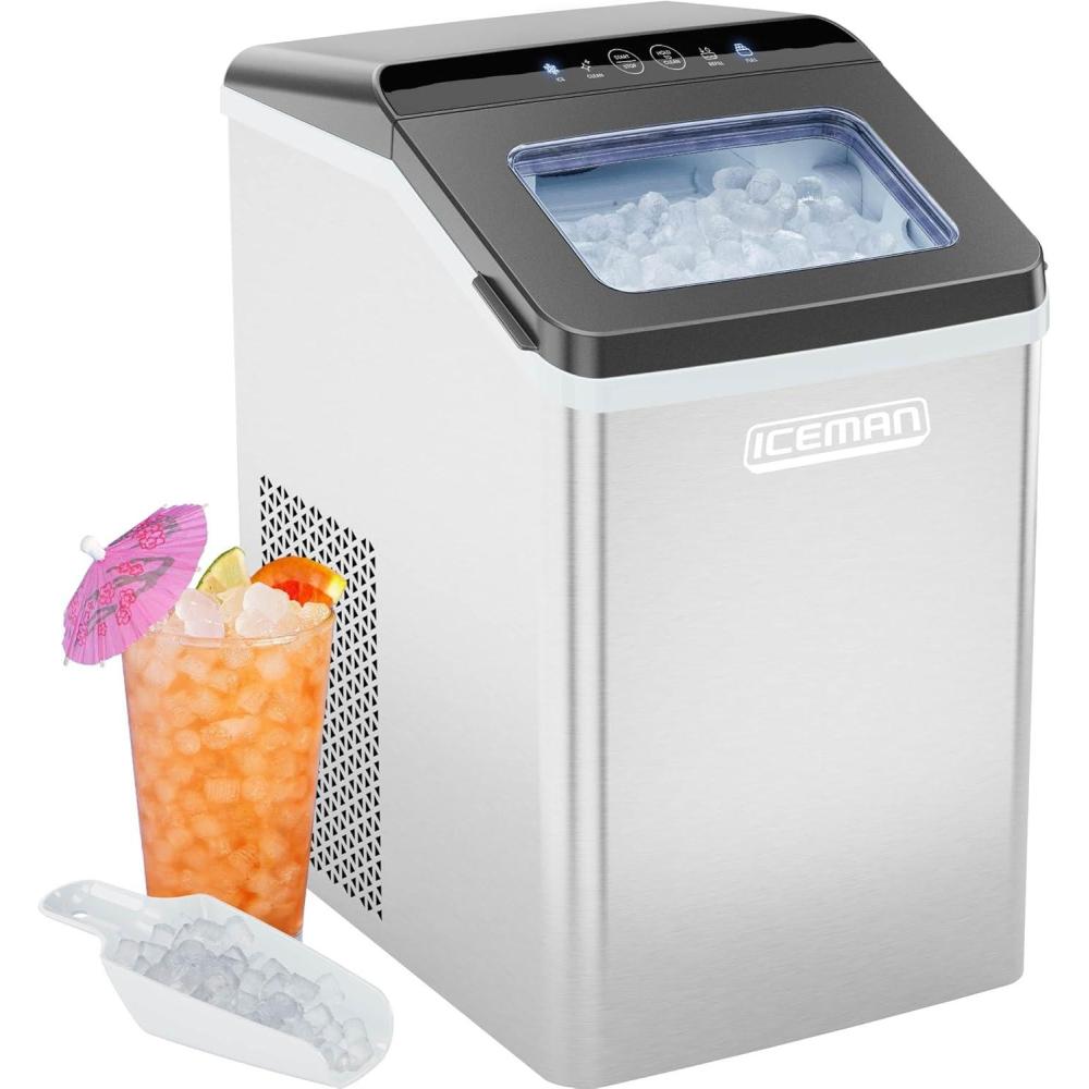 Iceman Dual-Size Countertop Ice Maker Machine, Portable, Creates 2 Cube Sizes in 6 Mins, Holds 1.3 lb. of Ice, Makes up to 26 lb in 24 Hours, Self-Cleaning Scoop Included, Stainless-Steel(Nugget/Pebble Ice Maker)