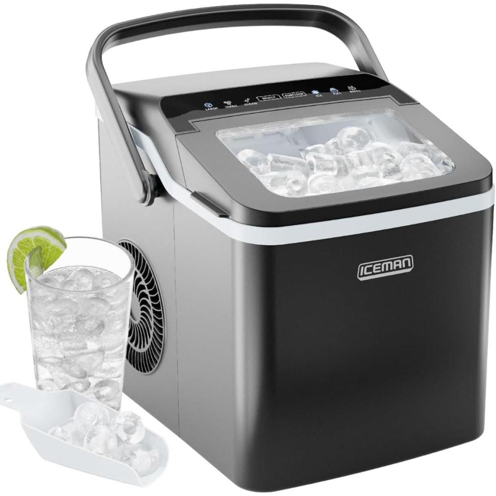 Iceman Dual-Size Countertop Ice Maker Machine, Portable, Creates 2 Cube Sizes in 6 Mins, Holds 1.3 lb. of Ice, Makes up to 26 lb in 24 Hours, Self-Cleaning Scoop Included, Stainless-Steel(Compact Bullet Ice Maker)