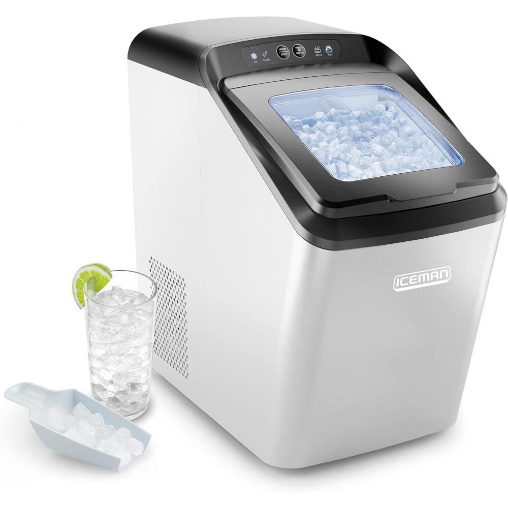 Iceman Countertop Nugget Ice Maker – Pebble Ice Machine, Soft Chewable Pellets in 20 Min, 26Lbs/24H, 3lb. Capacity, Waterline-Compatible, Self-Cleaning, Stainless-Steel + Scoop