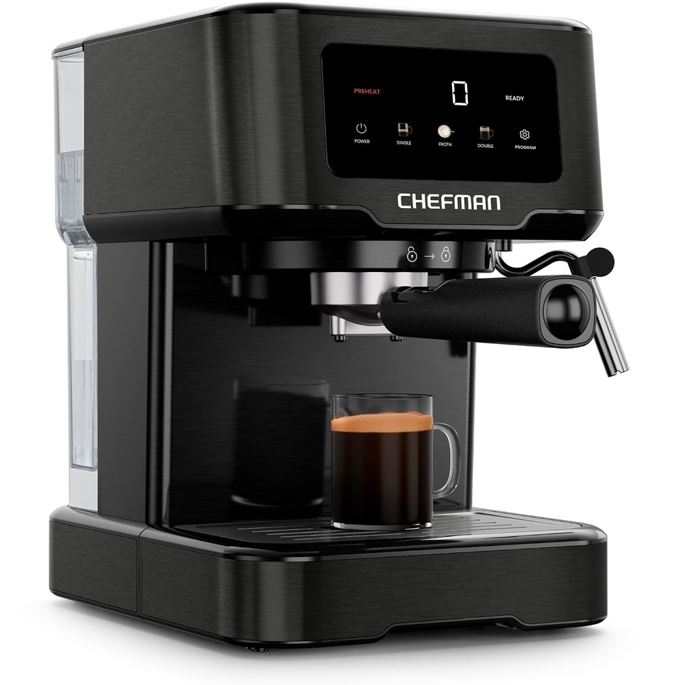 Chefman CraftBrew Espresso Machine, 15-Bar Pump Digital Espresso Maker w/Steam Wand for Latte & Cappuccino, Compact Espresso Coffee Machine w/ 1.5L Removable Water Reservoir – Stainless Black
