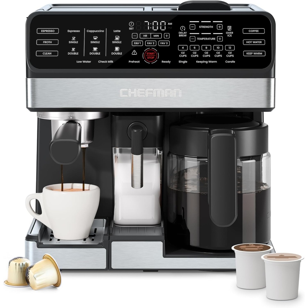 Chefman Coffee Maker Espresso Machine Combo, 8-in-1 Coffee Station with Automatic Milk Frother for Lattes, Cappuccinos, Macchiatos, 20-Bar Pump, 12-Cup Carafe & 3L Water Tank – Black