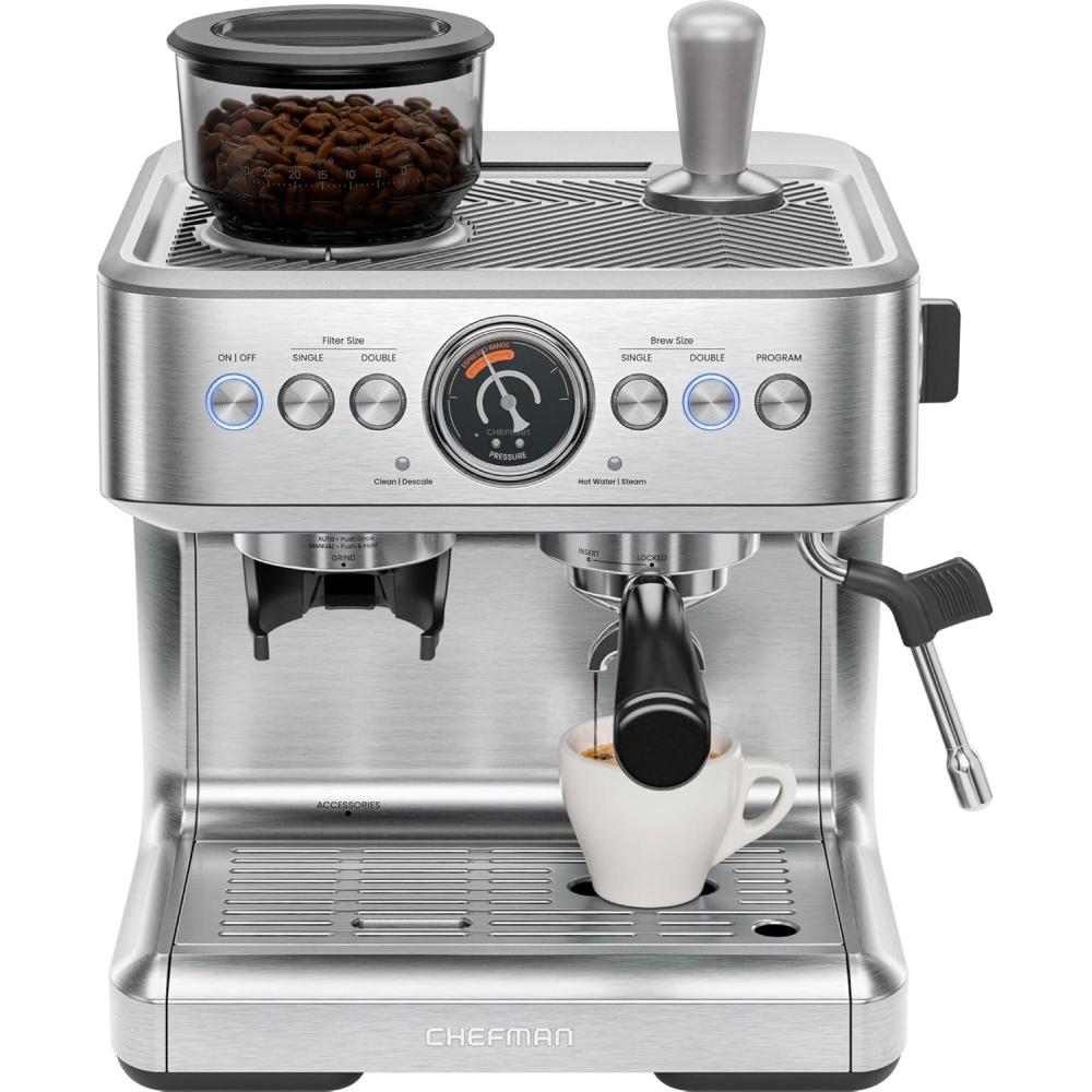 Chefman Crema Supreme 15 Bar Espresso Machine with Milk Frother, Barista Steam Wand, Professional Coffee Maker with Coffee Grinder, 30 Grind Settings, 3L Removable Water Tank – Stainless Steel(Semi-Automatic)