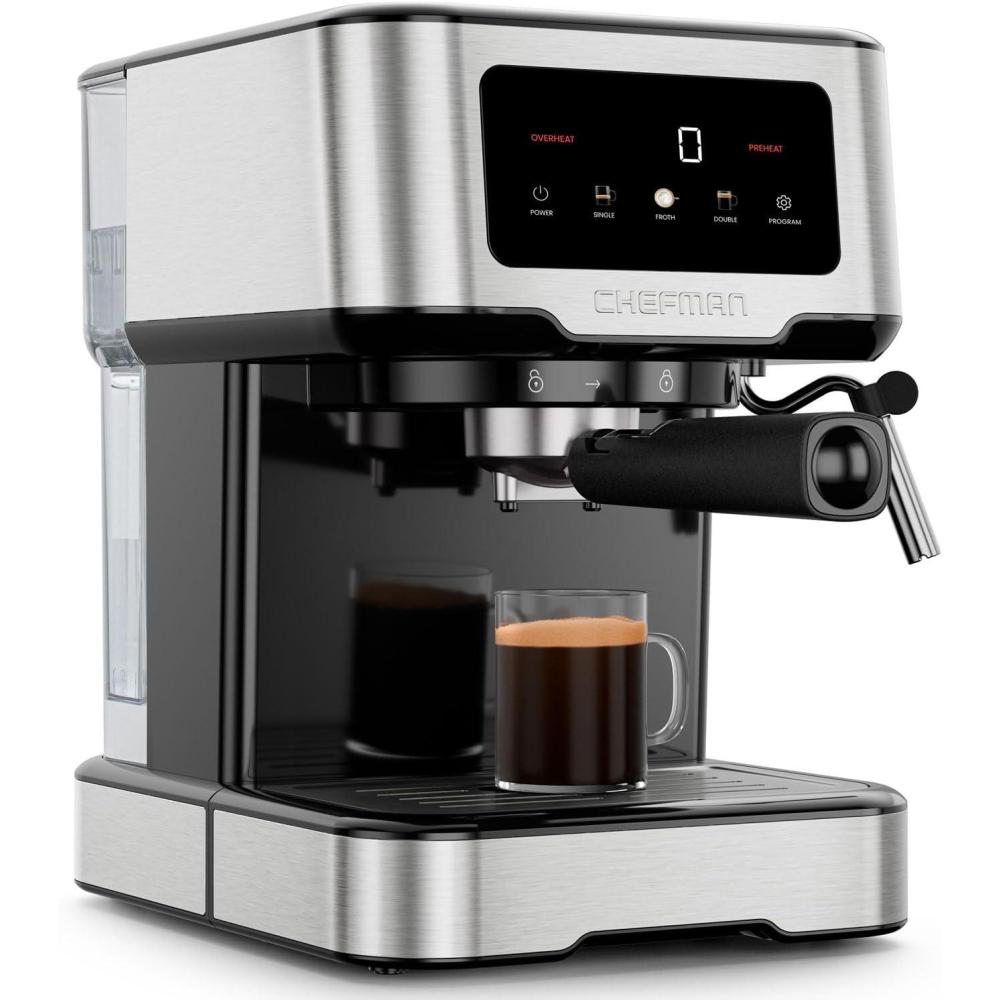 Chefman Crema Supreme 15 Bar Espresso Machine with Milk Frother, Barista Steam Wand, Professional Coffee Maker with Coffee Grinder, 30 Grind Settings, 3L Removable Water Tank – Stainless Steel(Automatic)
