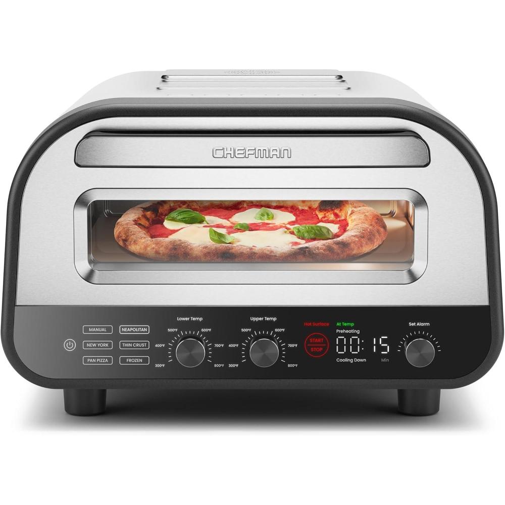 CHEFMAN Indoor Pizza Oven – Makes 12 Inch Pizzas in Minutes, Heats up to 800°F – Countertop Electric Maker with 5 Touchscreen Presets, Pizza Stone and Peel Included – Stainless Black(Stainless Steel)