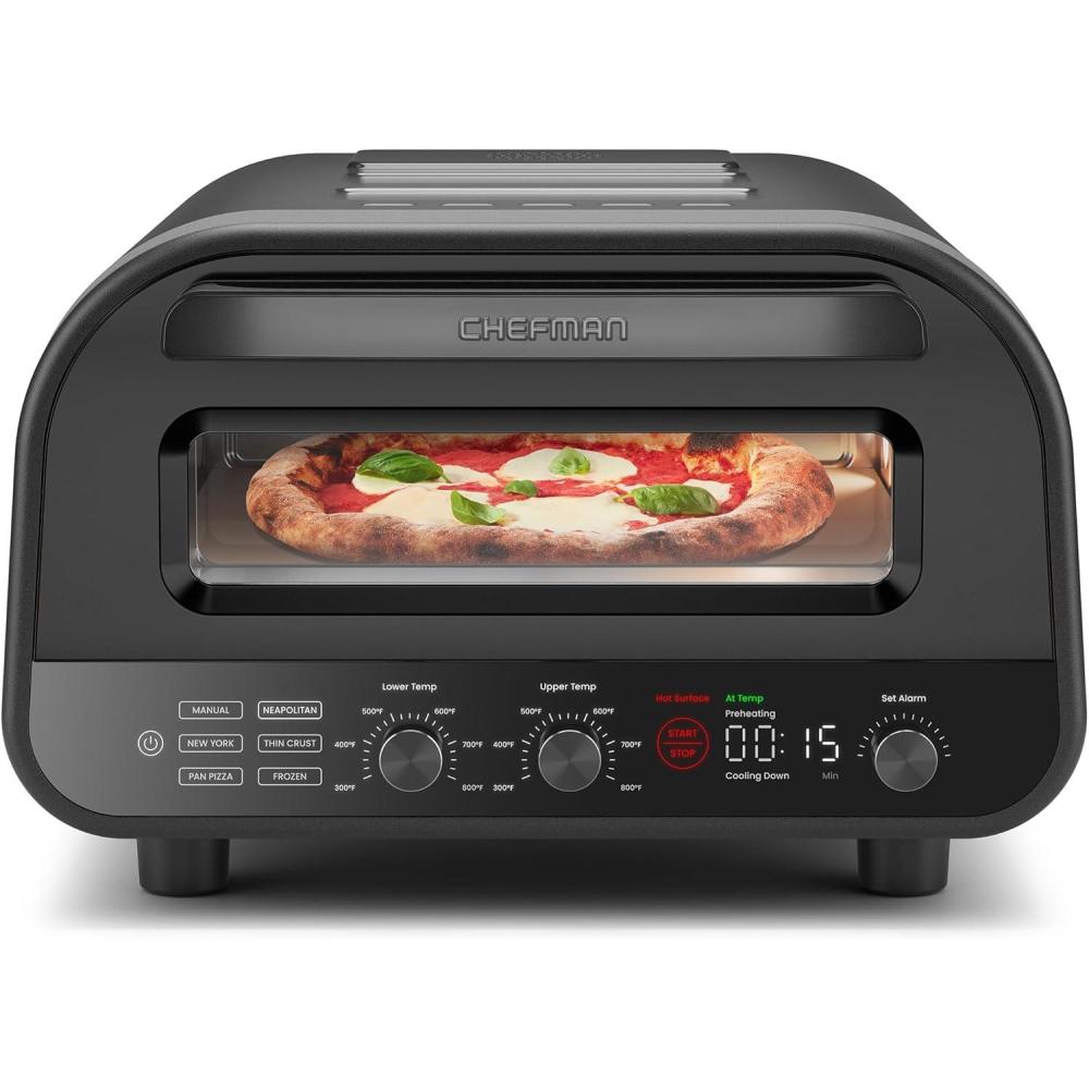 CHEFMAN Indoor Pizza Oven – Makes 12 Inch Pizzas in Minutes, Heats up to 800°F – Countertop Electric Maker with 5 Touchscreen Presets, Pizza Stone and Peel Included – Stainless Black(Stainless Black)