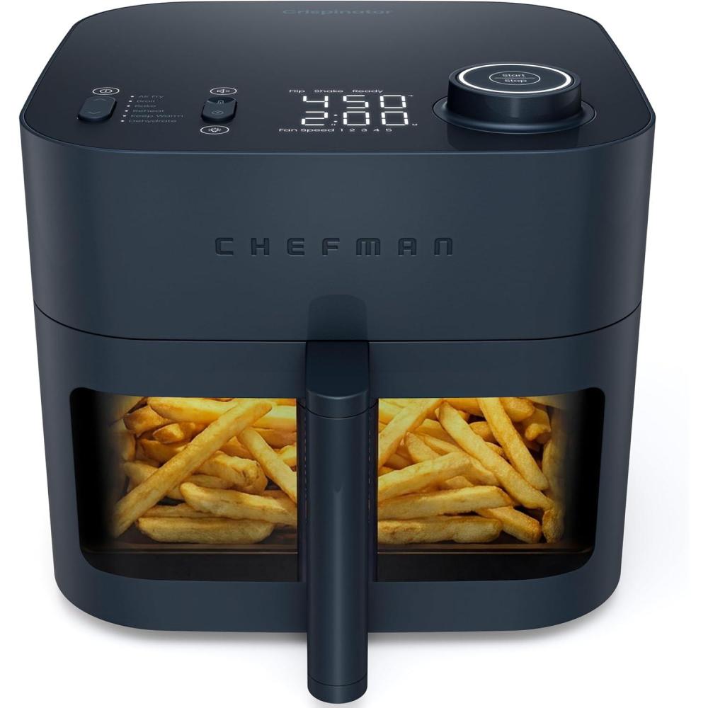 Chefman Crispinator Air Fryer 6-in-1 with 8 Qt capacity, 450°F Max Temp with TurboFry Pro Technology for Fast and Even Results, Viewing Window, Nonstick Ceramic Basket(Midnight)