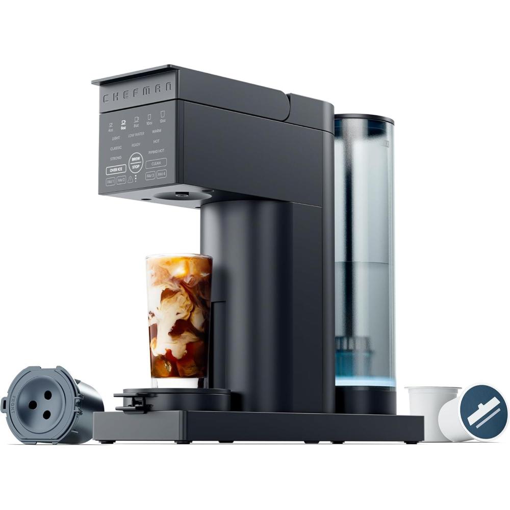 Chefman Caffeinator Single Serve Coffee Maker, Brew Kcups & Grounds, Drip Coffee Machine with Brew Strength Settings, Iced Coffee Function, 48 oz. Removable Water Reservoir(Midnight)