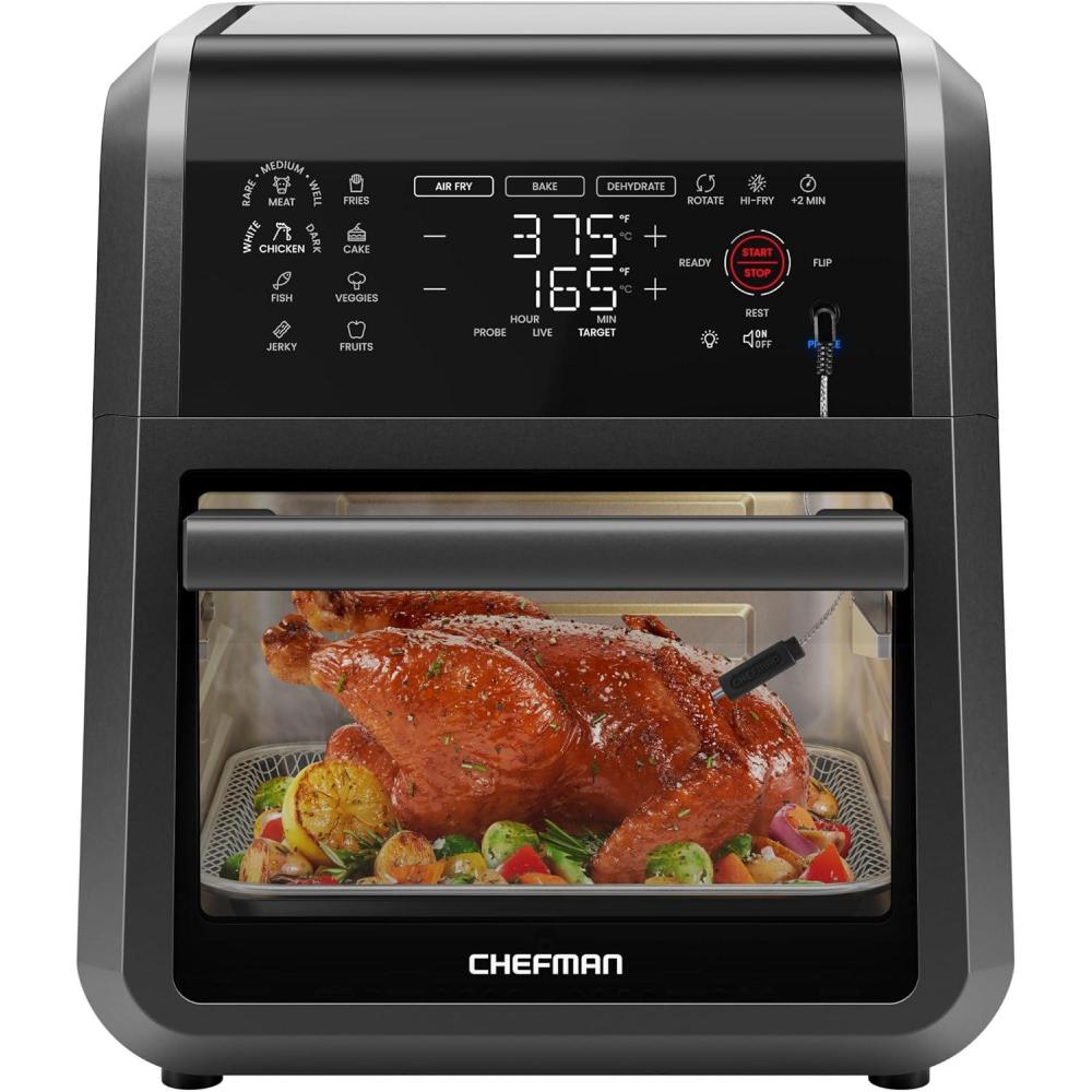 CHEFMAN ExacTemp™ 12 Quart 5-in-1 Air Fryer with Integrated Smart Cooking Thermometer, 28 Touchscreen Presets, Rotisserie, Dehydrator, Bake, XL Convection Oven with Auto Shutoff, Black