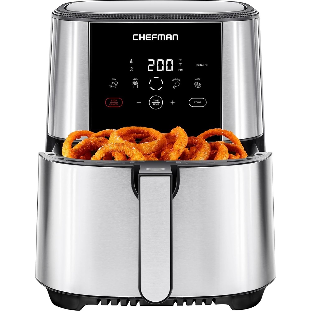 Chefman TurboFry Touch Air Fryer, Large 5-Liter Family Size, One Touch Digital Control Presets, French Fries, Chicken, Meat, Fish, Nonstick Dishwasher-Safe Parts, Automatic Shutoff, Stainless Steel