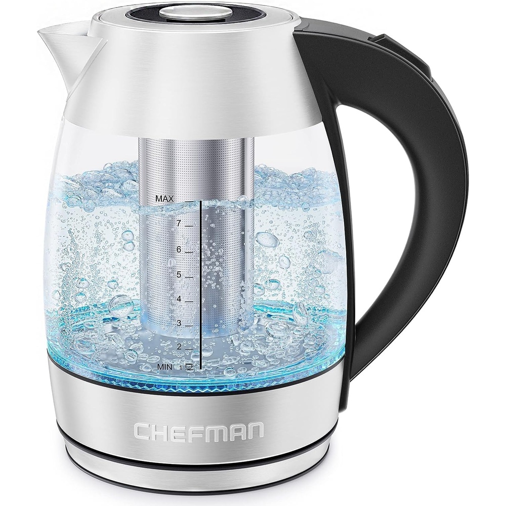 Chefman Teapot with Glass Carafe | 1.8 Liter Electric Kettle | 360 Degree Base | Stainless Steel